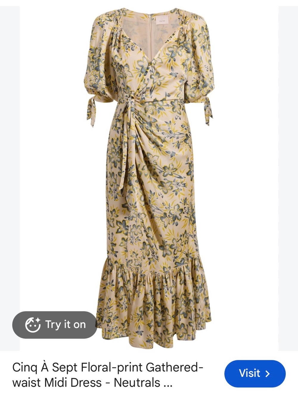 cinq a sept Yellow Floral Gathered-Waist Midi Dress
